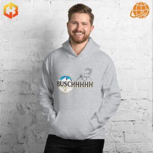 Busch Beer hoodie featuring the 'Buschhhhh' logo in bold white and yellow design.