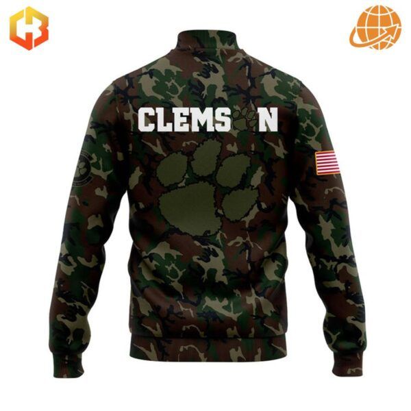 Back of Clemson Tigers camouflage jacket with large tiger paw logo