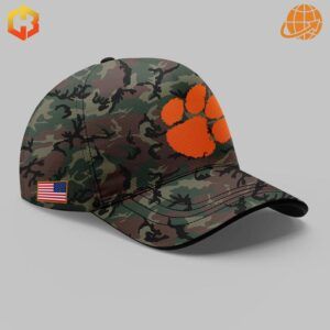 Clemson Tigers Salute to Service Camo Cap with orange paw logo and American flag patch.