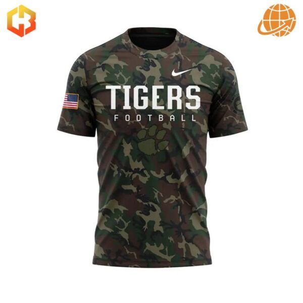 Clemson Tigers Nike camouflage football t-shirt with white text and logo