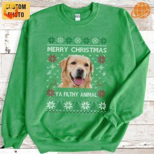 Funny holiday sweatshirt with 'Merry Christmas Ya Filthy Animal' and a personalized dog or cat picture