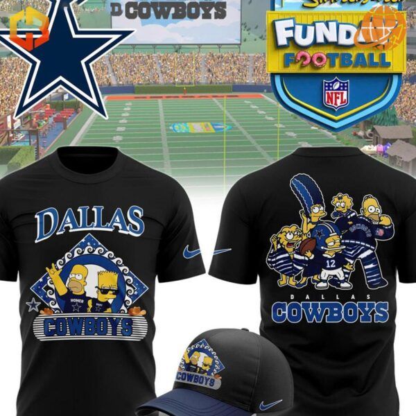 Front and back view of the Dallas Cowboys The Simpsons Funday Football Hoodie with Simpsons characters in Cowboys gear.