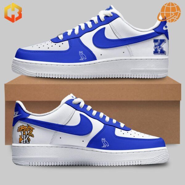 Kentucky Wildcats Nike Air Force Shoes with blue and white design, featuring university logos and Nike branding.