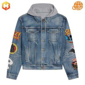 Front view of Ozzy Osbourne Hooded Denim Jacket with gray hood and colorful patches on sleeves.