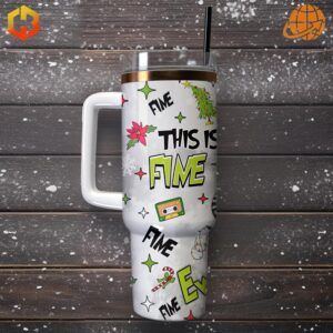 The Grinch Movies Stanley Tumbler with colorful holiday designs and text on a snowy wooden surface.