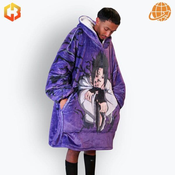 A cozy hoodie blanket featuring Uchiha Sasuke from Naruto, with dark tones and iconic Sharingan symbols