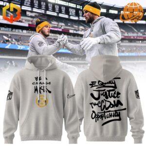 Front view of the NFL Inspire Change Pittsburgh Steelers Hoodie with logo and motivational phrases.