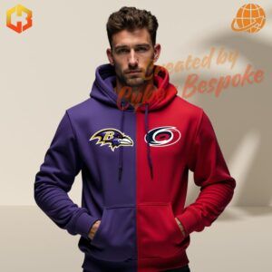 Zip-up hoodie with bold team graphics on the front and back, blending NFL and NHL designs