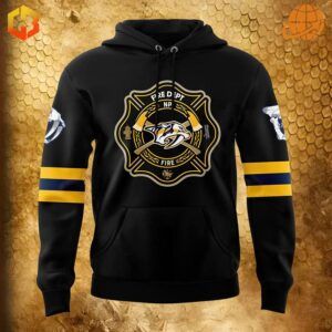 Back view of the Nashville Predators Hockey 2024 Firefighter Appreciation Night Hoodie showcasing the firefighter badge and team logo.