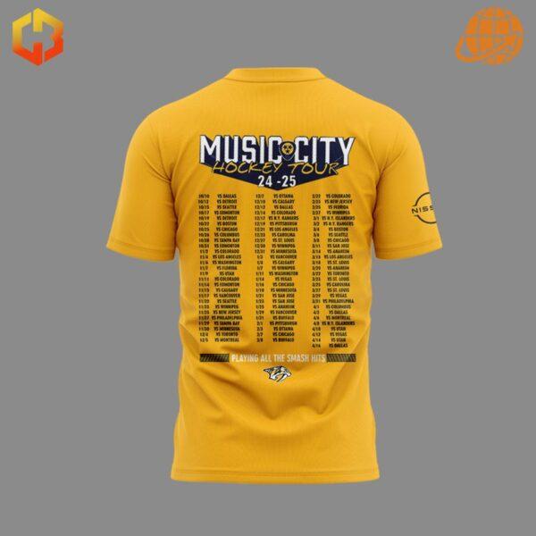 Back of Nashville Predators Music City Hockey Tour 2024-25 T-shirt with schedule