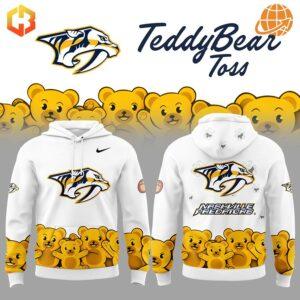 Front and back views of the Nashville Predators Teddy Bears Hoodie with teddy bear background and 