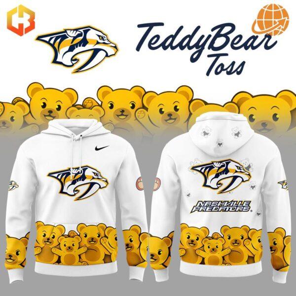 Front and back views of the Nashville Predators Teddy Bears Hoodie with teddy bear background and "Teddy Bear Toss" text.