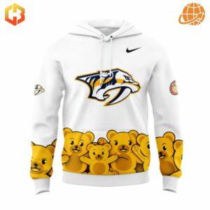 Front view of the Nashville Predators Teddy Bears Hoodie with team logo and teddy bear design.