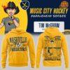 Front and back views of the Nashville Predators Tim McGraw Music City Hockey Hoodie with promotional background.