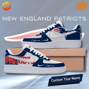 New England Patriots Nike Air Force 1 sneakers with navy blue, red, and white color scheme