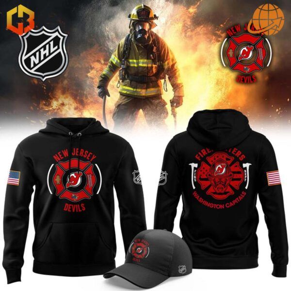 Front view of the New Jersey Devils 2024 Firefighter Appreciation Night Hoodie with firefighter emblem and Devils logo.