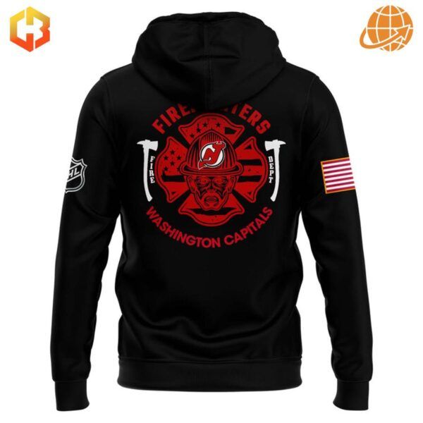 Back view of the New Jersey Devils 2024 Firefighter Appreciation Night Hoodie featuring helmet and axes design.