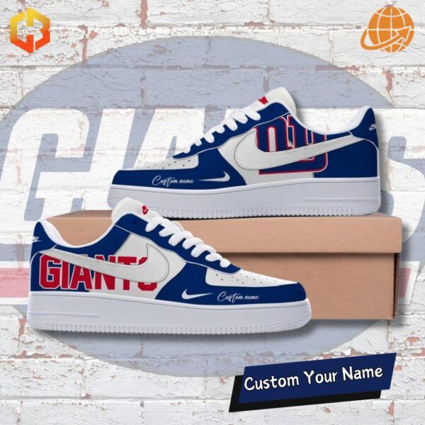 New York Giants Nike Air Force 1 Sneakers with a bold blue and red design, perfect for Giants fans