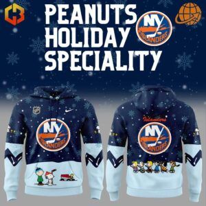 New York Islanders holiday hoodie featuring Peanuts characters and snowflake design