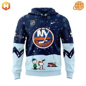 Front of New York Islanders holiday hoodie with Peanuts characters Charlie Brown and Snoopy