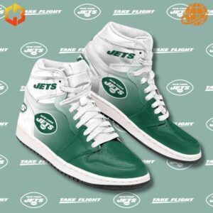 Air Jordan 1 Hightop Shoes in New York Jets green and white with team logo details