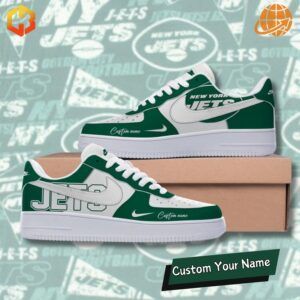 Stylish New York Jets Nike Air Force 1 Sneakers with the team logo and signature green and white color scheme