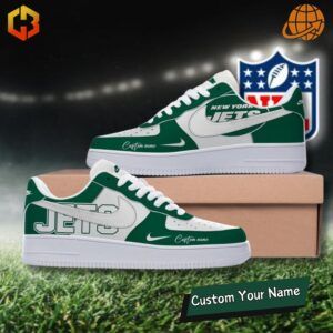 Nike Air Force 1 Sneakers in New York Jets team colors with green and white accents for ultimate fan flair