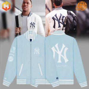 A New York Yankees baseball jacket with the slogan "New York or Nowhere."