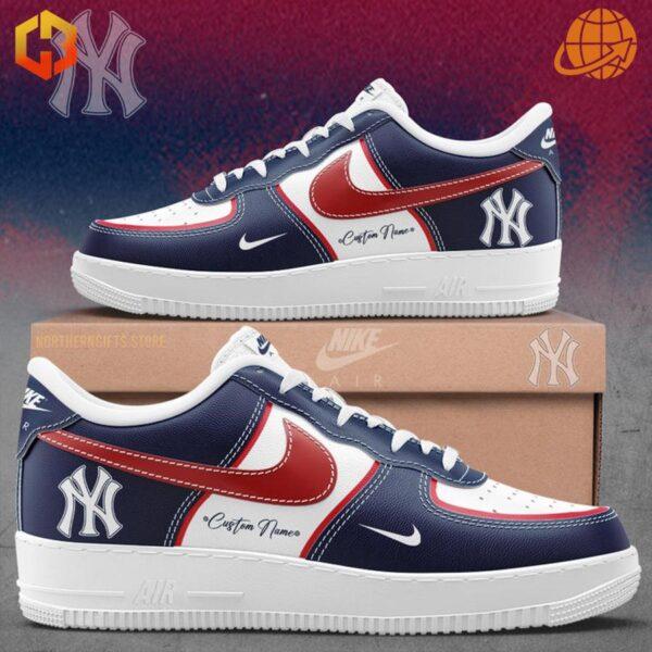 Navy blue Nike Air Force 1 sneakers with New York Yankees and World Series branding.