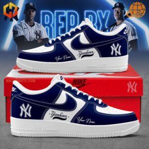 Classic navy leather Nike Air Force 1 sneakers featuring embroidered New York Yankees logos and commemorative World Series patches.