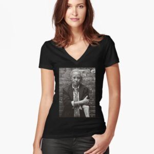 A V-neck t-shirt with a humorous image of Nikki Giovanni superimposed on a "Thug Life" meme.