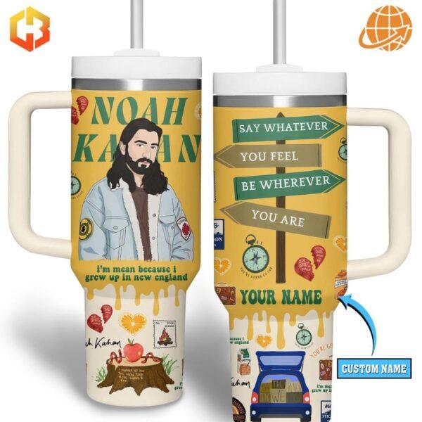 Noah Kahan custom Stanley Tumbler with portrait on one side and motivational signs on the other, on a white background.