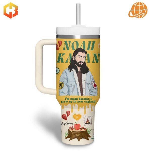 Front view of Noah Kahan custom Stanley Tumbler featuring illustrated portrait and humorous New England quote.