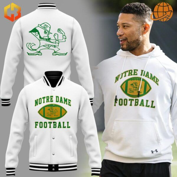 White Notre Dame Fighting Irish baseball jacket and hoodie with green and gold logo design.