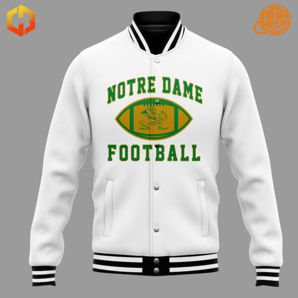 Front view of white Notre Dame Fighting Irish baseball jacket with green and gold logo.