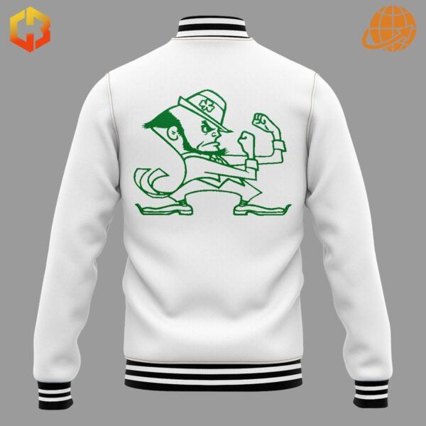 Rear view of white Notre Dame Fighting Irish baseball jacket showing green leprechaun graphic.