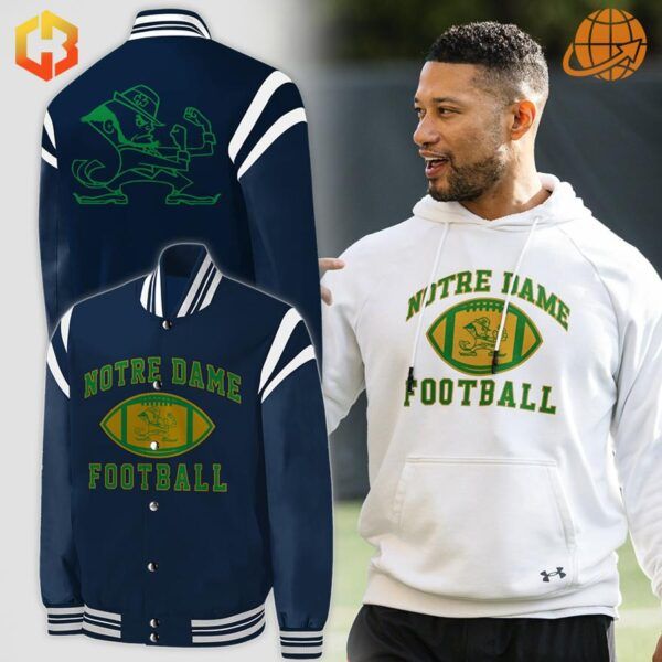 Navy blue Notre Dame Fighting Irish baseball jacket paired with white hoodie.