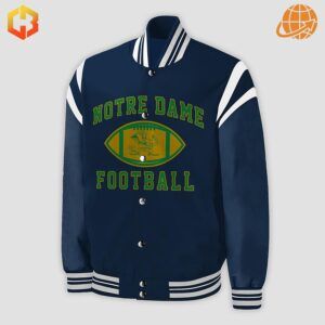 Close-up of navy blue Notre Dame Fighting Irish baseball jacket front design.