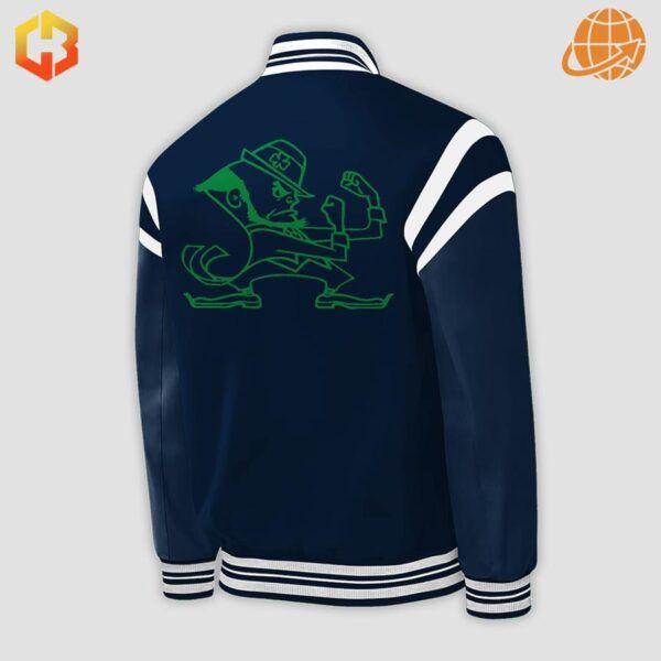 Rear view of navy blue Notre Dame Fighting Irish baseball jacket with green leprechaun graphic.