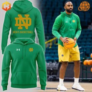 Notre Dame Fighting Irish Basketball Hoodie featuring the ND logo and text in green and yellow.