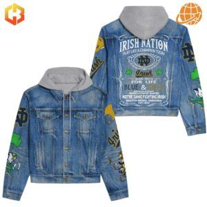 Notre Dame Fighting Irish Hooded Denim Jacket front and back view, featuring team logos, shamrocks, and iconic slogans.