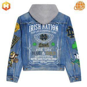 Back view of Notre Dame Fighting Irish Hooded Denim Jacket with Irish Nation slogan, shamrock accents, and a bold typography design.