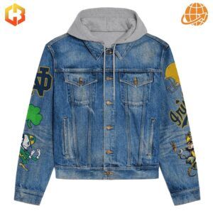 Front view of Notre Dame Fighting Irish Hooded Denim Jacket featuring embroidered logos and shamrock details on a classic denim base.