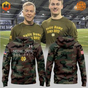 Notre Dame Fighting Irish Military Appreciation Camo Hoodie with Army ROTC or Navy ROTC text.