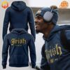 Navy blue Notre Dame hoodie with gold "Irish" text worn by a smiling model and shown separately.