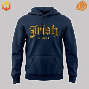 Close-up of navy blue Notre Dame hoodie featuring gold Gothic "Irish" lettering.