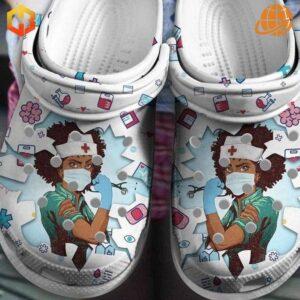 Classic clog shoes with a cute nurse girl graphic.