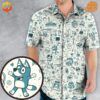 A man wearing a blue and white Hawaiian shirt with an all-over print of Bluey, the iconic blue heeler pup from the children's show, surrounded by doodles and show elements.