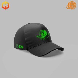 Black baseball cap with green Oregon Ducks logo and "BIG" text for 2024 Big Ten Champions.