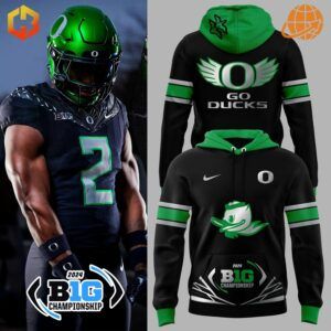 Oregon Ducks football player in green helmet and black jersey next to black and green Big Ten Championship hoodies.